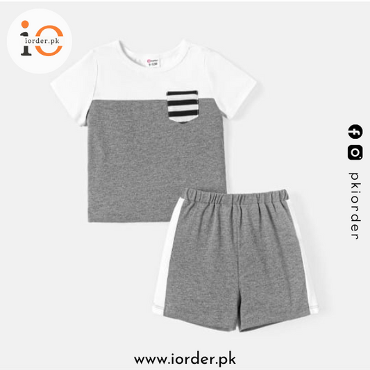 Grey and White T-shirt Shorts Set