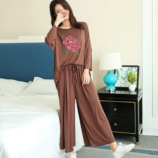 Brown Flower Loose Style Loungewear