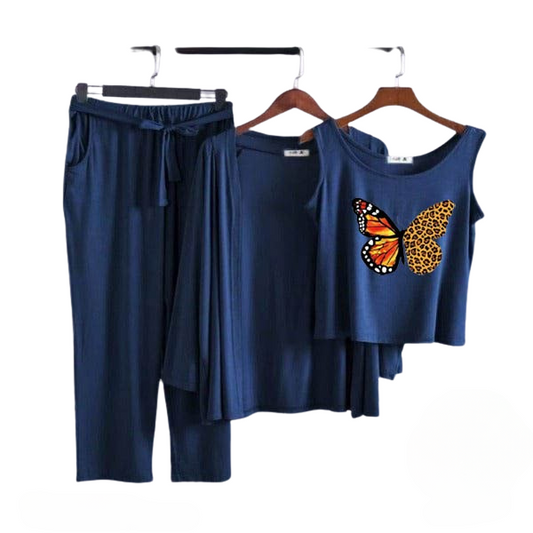 Orange Butterfly Women Night Suit PJ 3 Pieces Set