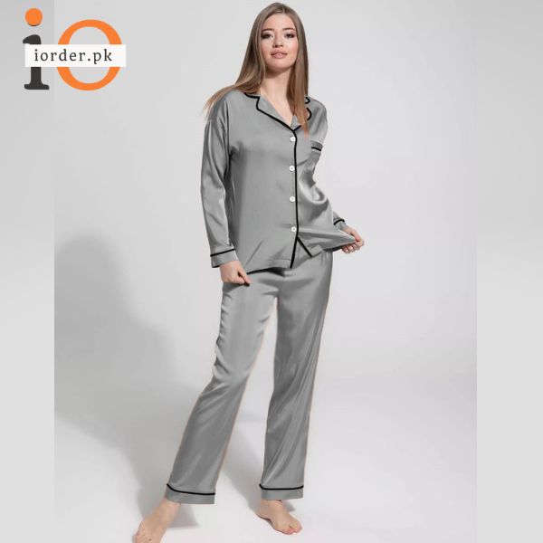 Grey Silk Night Suit Turn Down Collar Long Sleeves iorder.pk