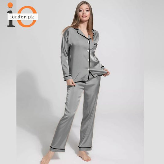 Grey Silk Night Suit Turn Down Collar Long Sleeves