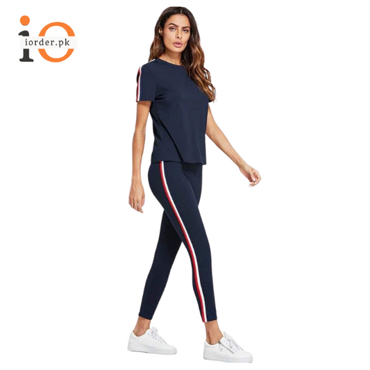 Navy Blue and White Striped Tracksuit Tape Tee & Leggings Pants Set for Women