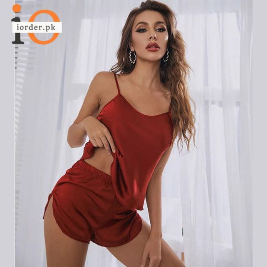Red Women Sexy Satin Pajamas Sets Short Sling Top with Cami Shorts