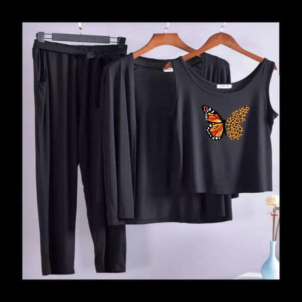Orange Butterfly Women Night Suit PJ 3 Pieces Set