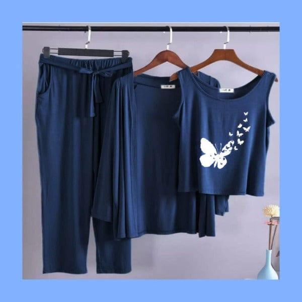 Flying Butterfly Women Night Suit PJ 3 Pieces Set