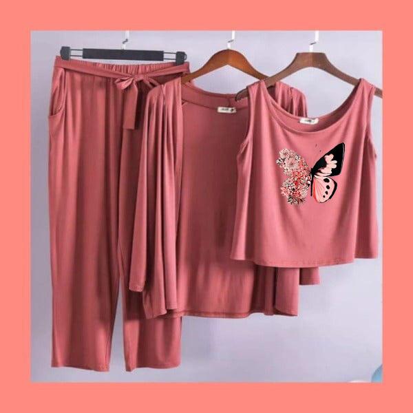 Pink Butterfly Women Night Suit PJ 3 Pieces Set