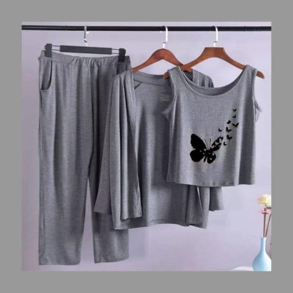 Flying Butterfly Women Night Suit PJ 3 Pieces Set