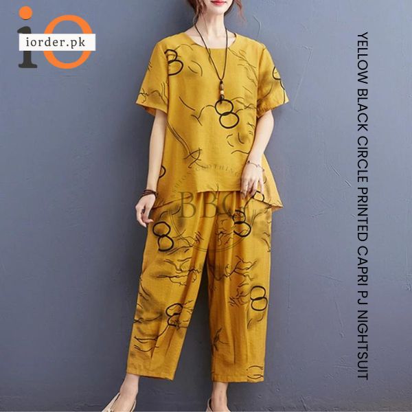 Cotton Nightwear Yellow Printed Capri Set, Washing Machine, Size