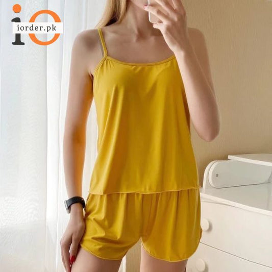 Yellow Women Sexy Satin Pajamas Sets Short Sling Top with Cami Shorts