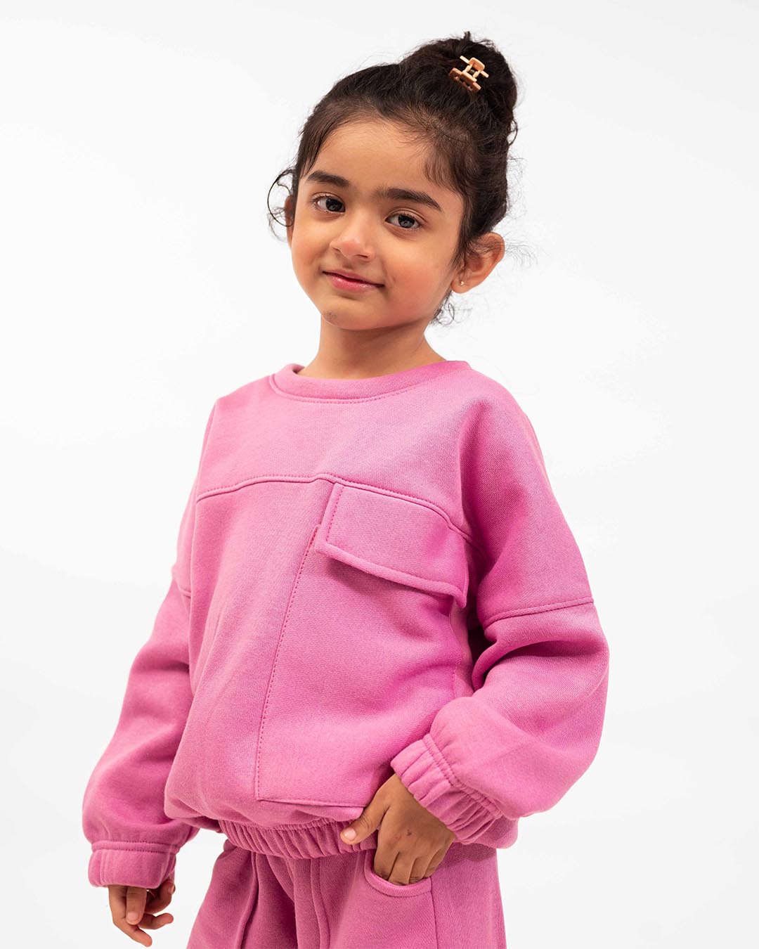 Girls Winter Fleece Cargo Suit – Pink Warm Sweatshirt & Trouser Set