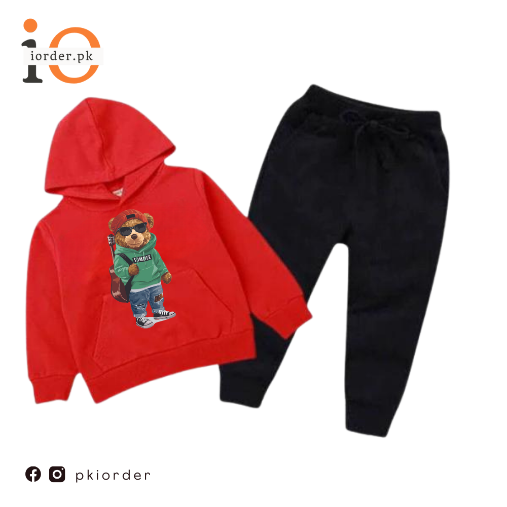 Red Green Bear Printed Kids Hoodie Set