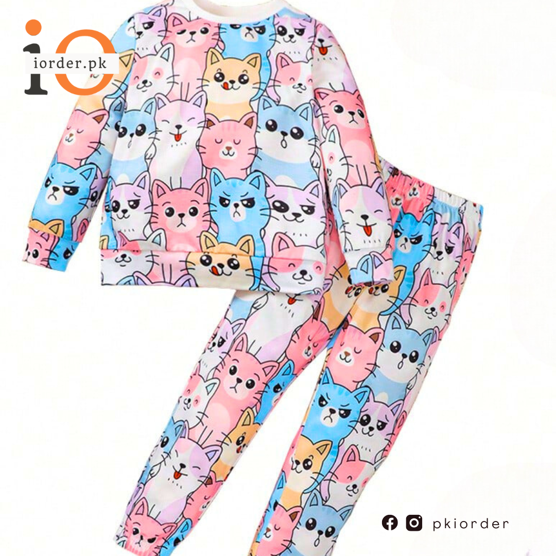 Multi Color Cat Kids Sweatshirt & Pant