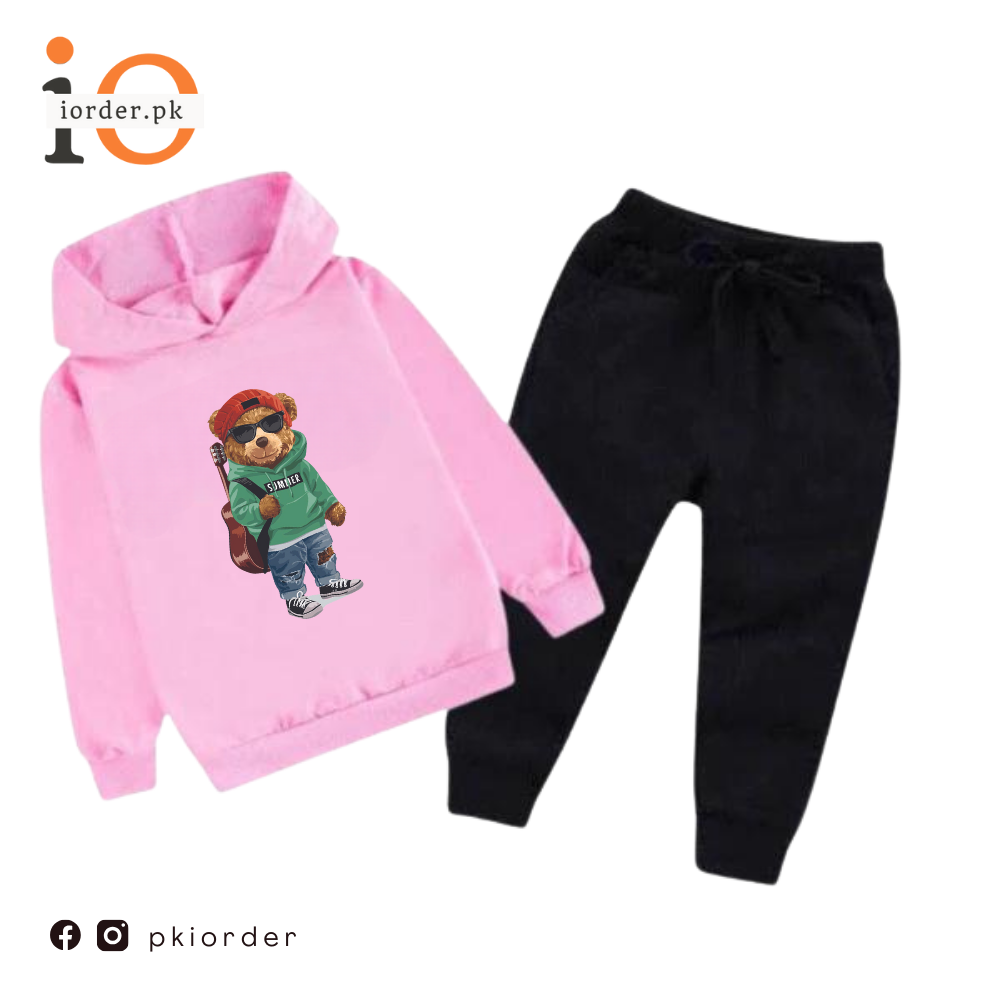 Pink Green Bear Printed Kids Hoodie Set