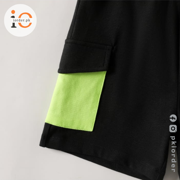Black Light Green and White Panel T-shirt Shorts Set