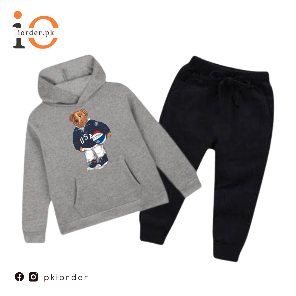 Football Bear Printed Kids Hoodie Set