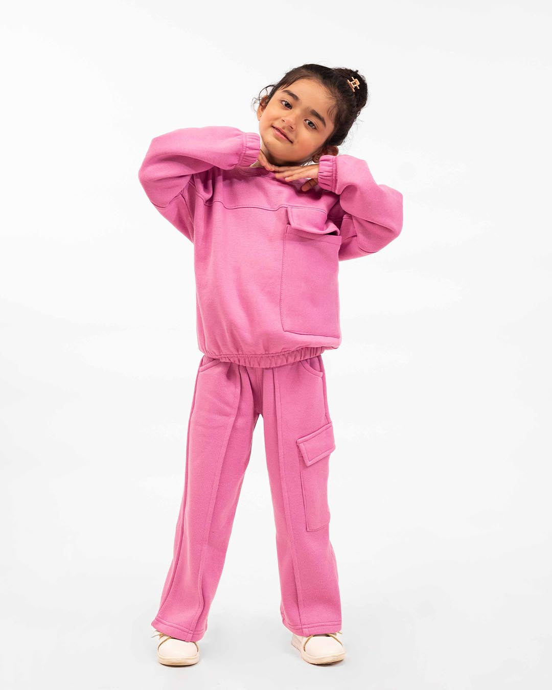 Girls Winter Fleece Cargo Suit – Pink Warm Sweatshirt & Trouser Set