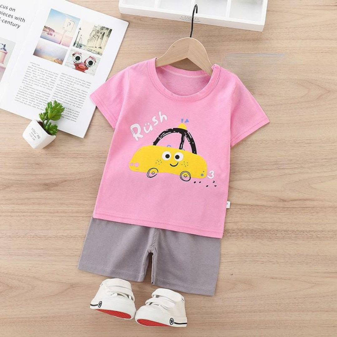 Cartoon Car Print Summer Outfit – T-Shirt & Shorts Set
