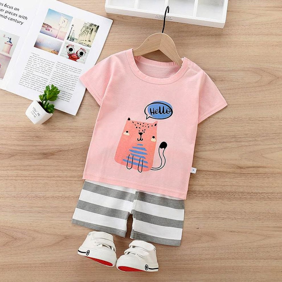 Hello Cat T-Shirt &amp; Striped Shorts Set for Toddlers