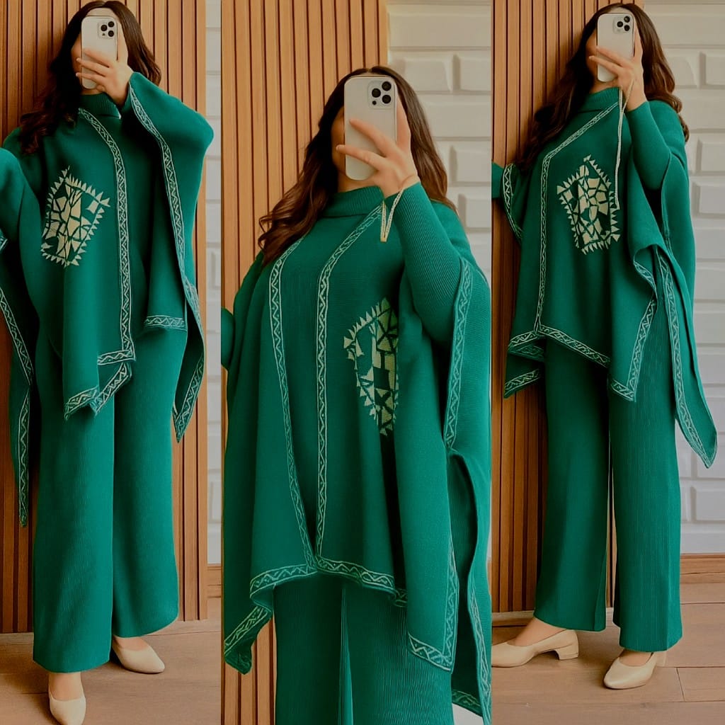 Winter 3 Piece Cape Shawl High Neck & Trouser For Women