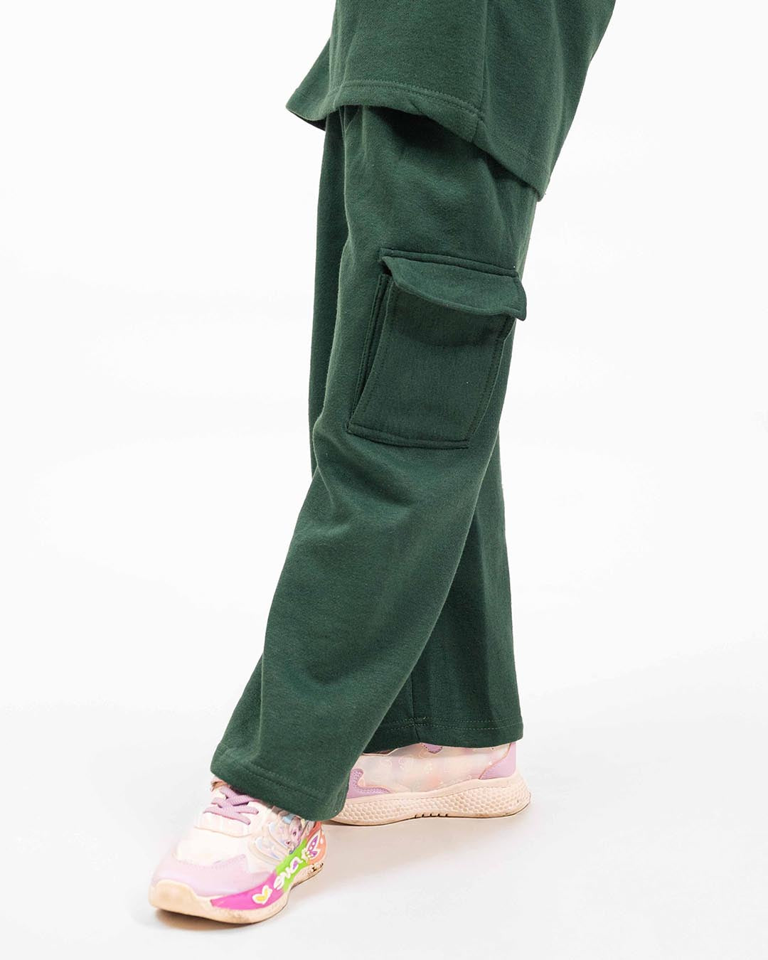 Kids Premium Fleece Cargo Hoodie & Wide-Leg Trouser Set – Forest Green