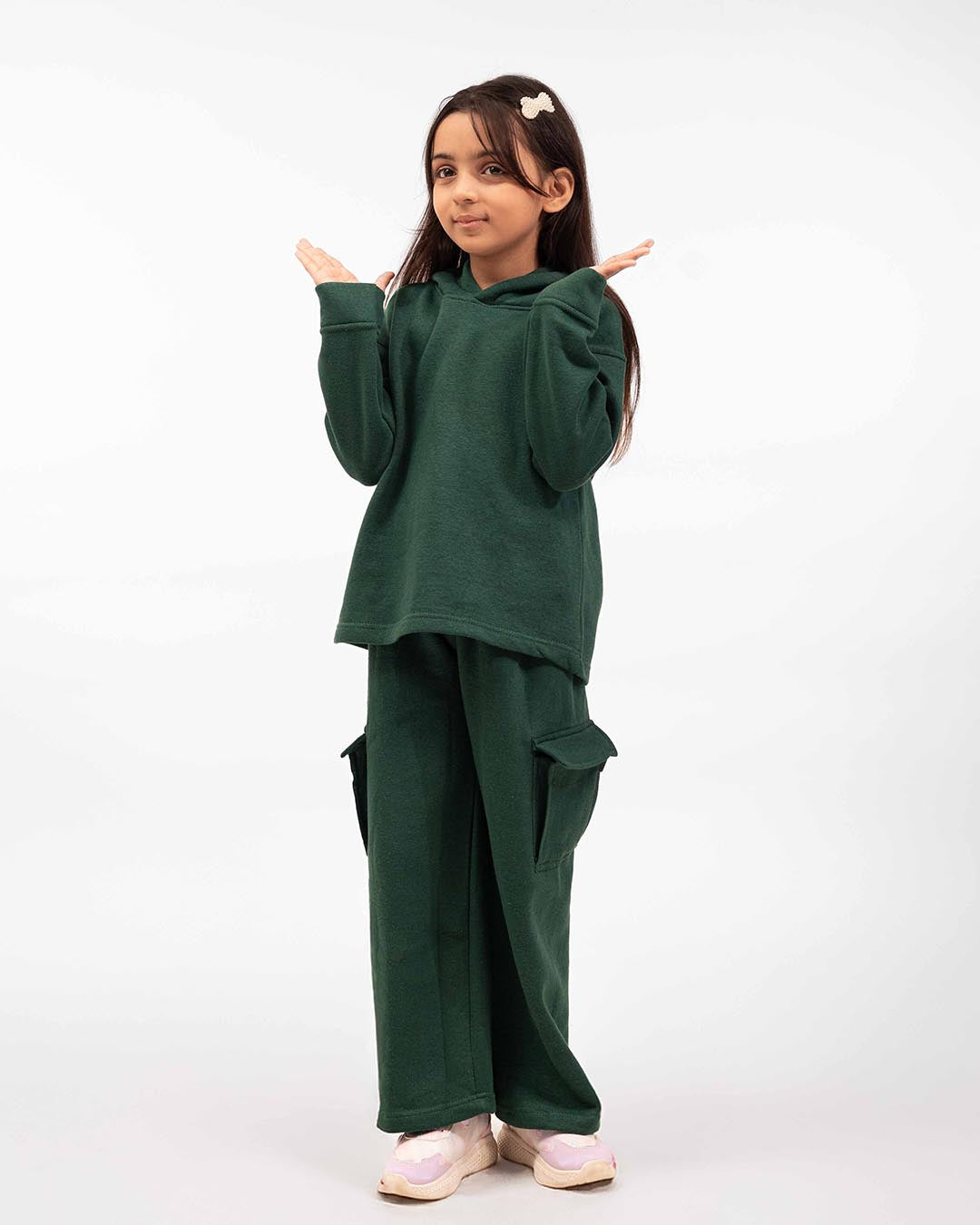 Kids Premium Fleece Cargo Hoodie & Wide-Leg Trouser Set – Forest Green