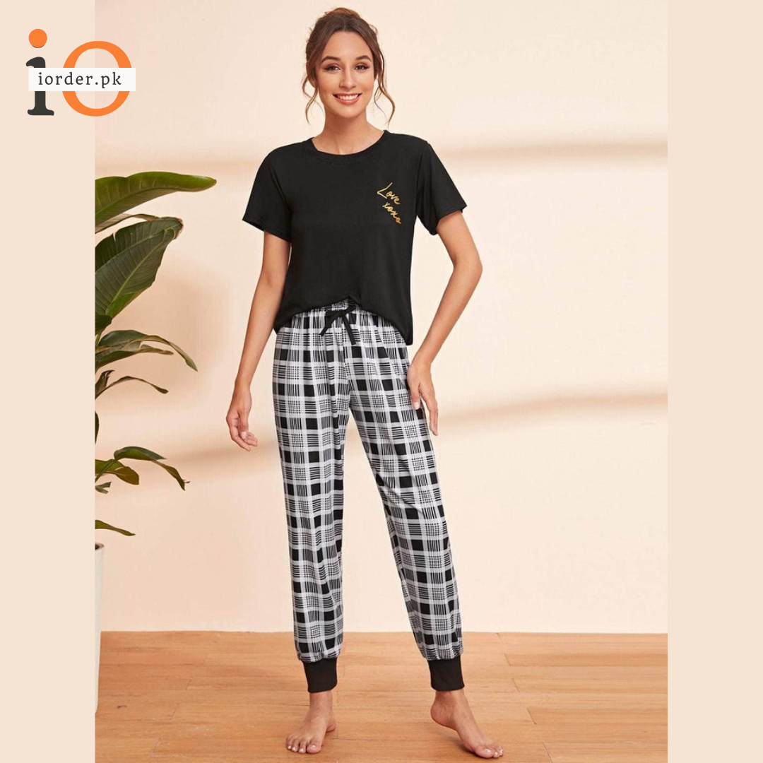 Letter Print T-shirt Pajama Set with Plaid Pants