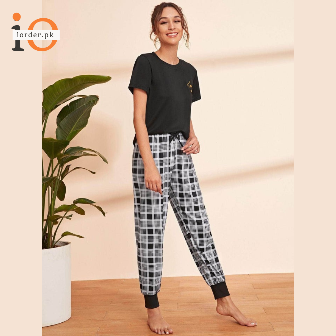 Letter Print T-shirt Pajama Set with Plaid Pants