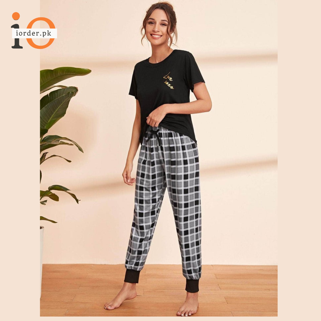 Letter Print T-shirt Pajama Set with Plaid Pants