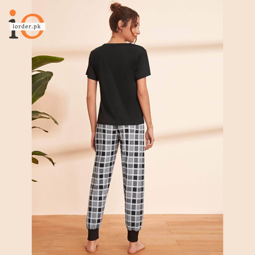 Letter Print T-shirt Pajama Set with Plaid Pants