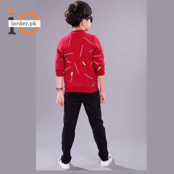 Kids Red Printed Zipper with Warm Black Trouser ( 3 Piece )