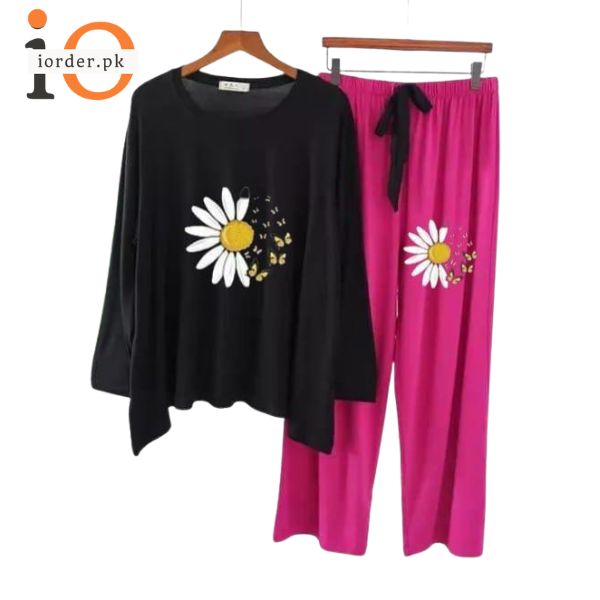 Black and Magenta Daisy Flower Printed Loungewear
