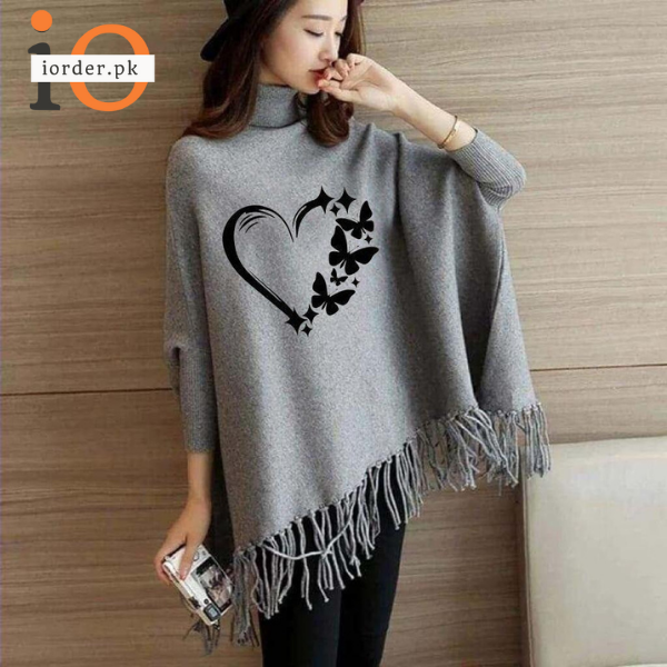 Grey Love Butterfly Printed Poncho