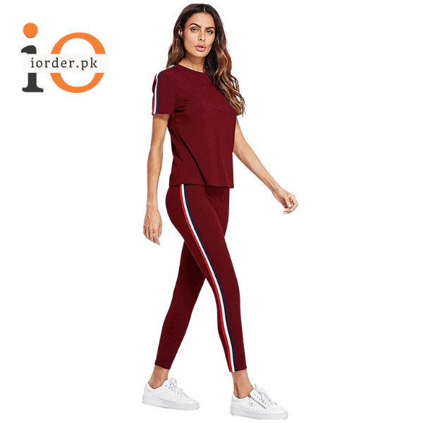 Red and White Striped Tracksuit Tape Tee & Leggings Pants Set for Women