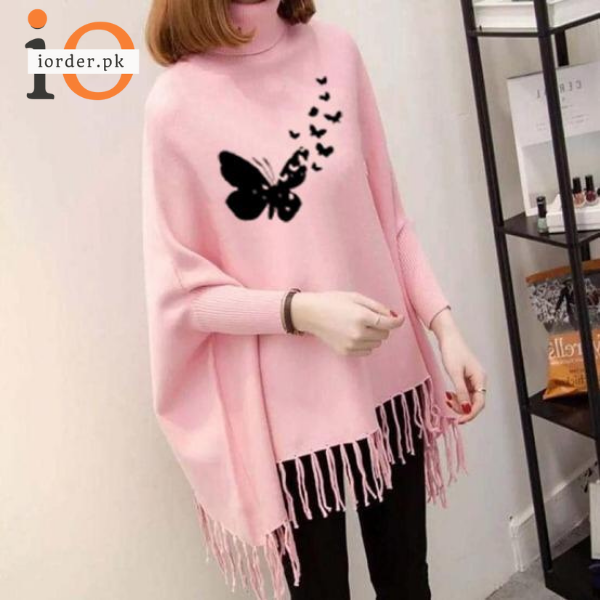 Pink Flying Butterfly Printed Poncho