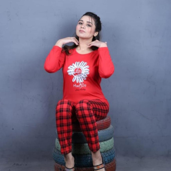 Red Flower Check Sleeping Wear Pajama