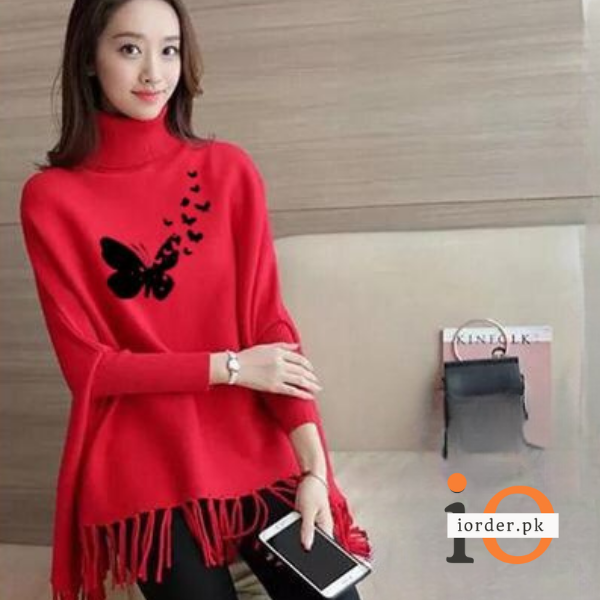 Red Flying Butterfly Printed Poncho