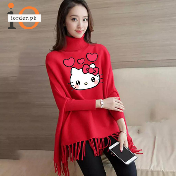 Red Kitty Printed Poncho