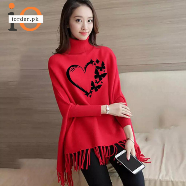 Red Love Butterfly Printed Poncho