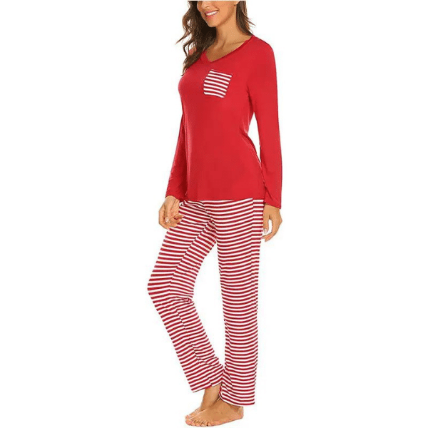 Red Striped Patch Pocket Top And Pants PJ Set