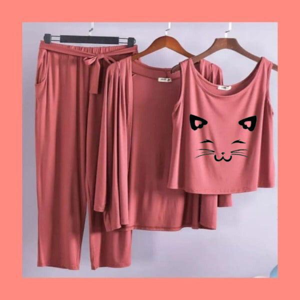 Cat Printed Women Night Suit PJ 3 Pieces Set